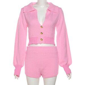 Boutique Preppy Girl Knitted Cardigan Short Set In Bubble Gum Pink - Size Medium